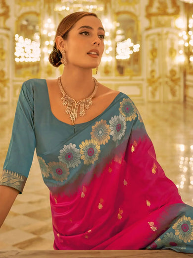 Alluring Rani Pink Zari Weaving Banarasi Silk Wedding Saree With Blouse